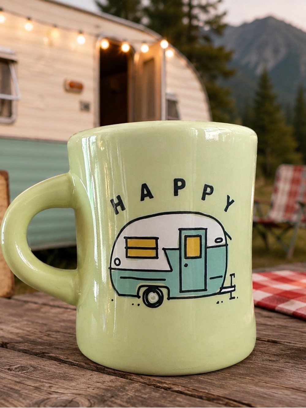 Life Is Good Happy Camper Spring Green Diner Mug 4” Tall Retro Camper Coffee Cup